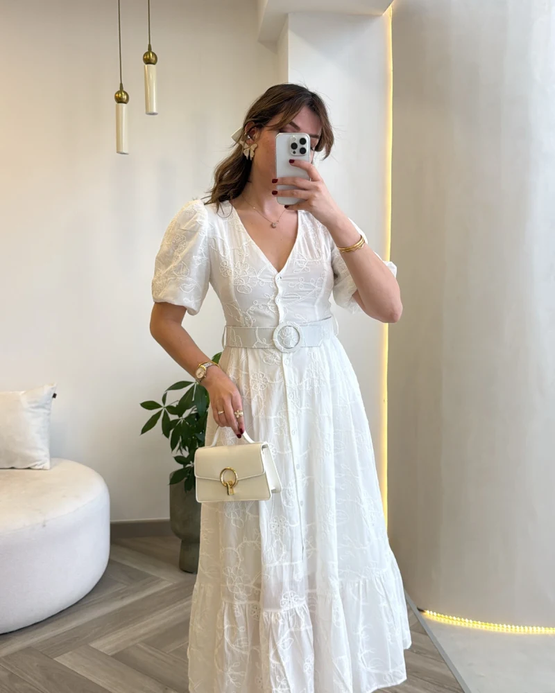 V Yaka Balon Kol Çiçek Nakışlı Kemerli Pamuk Elbise - Beyaz - Kod: 3076