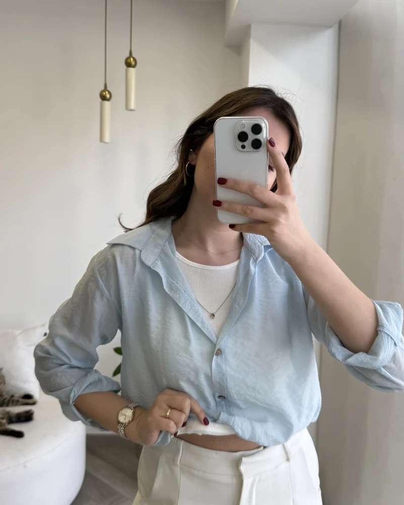 Aksesuar Detaylı Body Gömlek - Bebe Mavisi - Kod: 2016