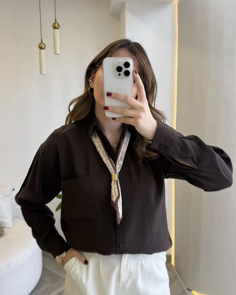 Pamuk Kumaş Fularlı Gömlek - Acı Kahve