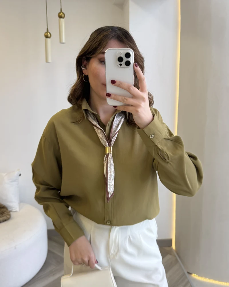 Pamuk Kumaş Fularlı Gömlek - Haki