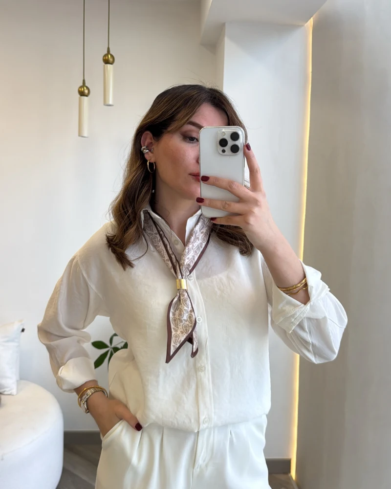 Pamuk Kumaş Fularlı Gömlek - Ekru