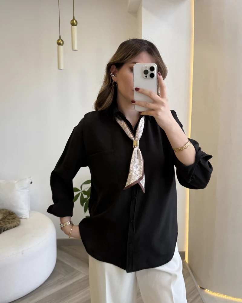 Pamuk Kumaş Fularlı Gömlek - Siyah