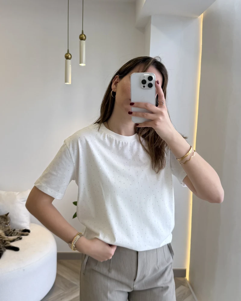 Sorrento Taşlı T-shirt - Ekru - Kod: 8491