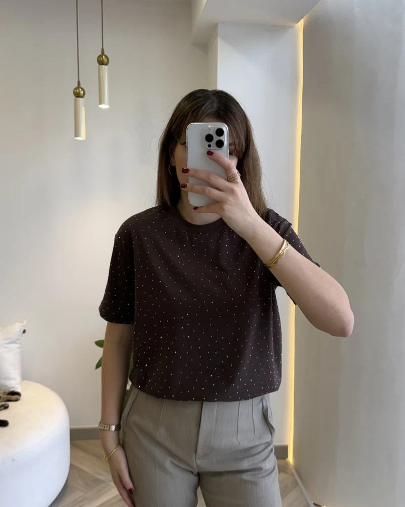 Sorrento Taşlı T-shirt - Kahverengi - Kod: 8491