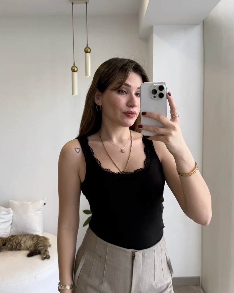 Dantel Detay Kalın Askılı Body - Siyah - Kod: 1053