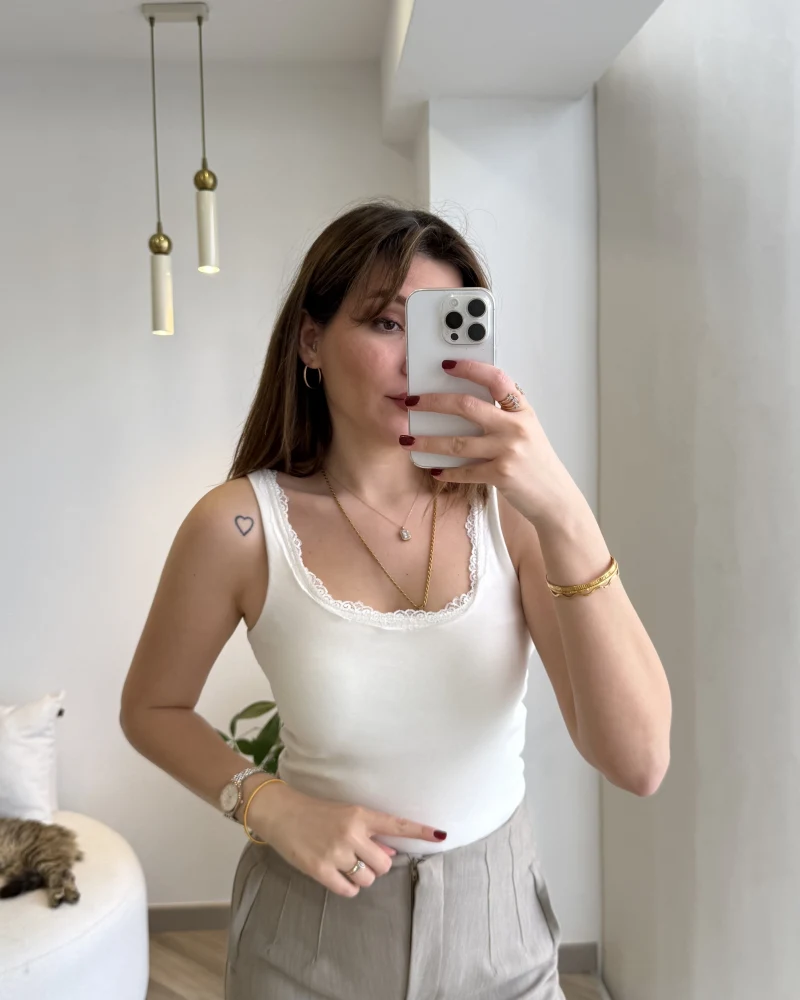 Dantel Detay Kalın Askılı Body - Ekru - Kod: 1053