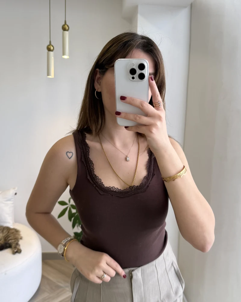 Dantel Detay Kalın Askılı Body - Kahverengi - Kod: 1053