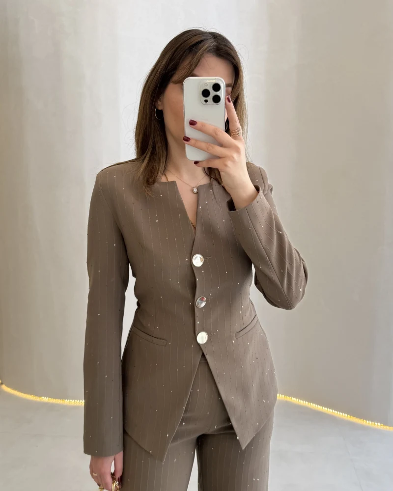 Sim ve Pul Detay Bağcıklı Ceket Pantolon Takım - Kahve - Kod: 80322