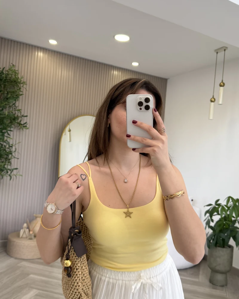 Çift Askılı Pedli Crop Body - Sarı - Kod: 01406