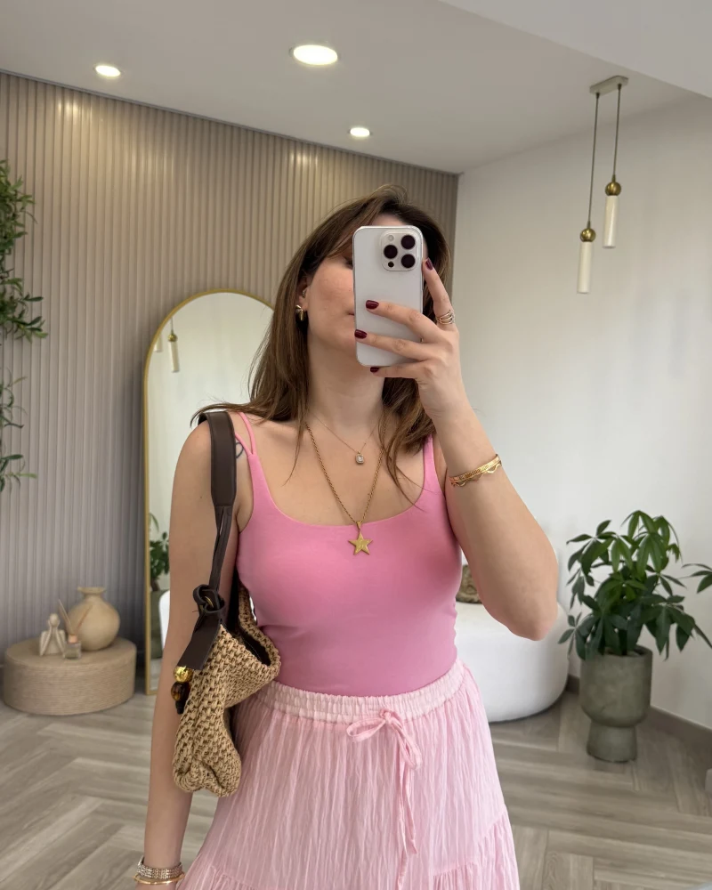 Çift Askılı Pedli Crop Body - Pembe - Kod: 01406