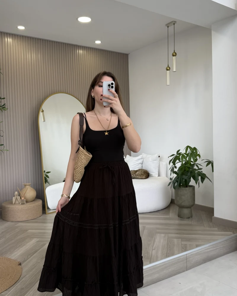 Ajur Şerit Detay Bürümcük Etek - Acı Kahve - Kod: 5056