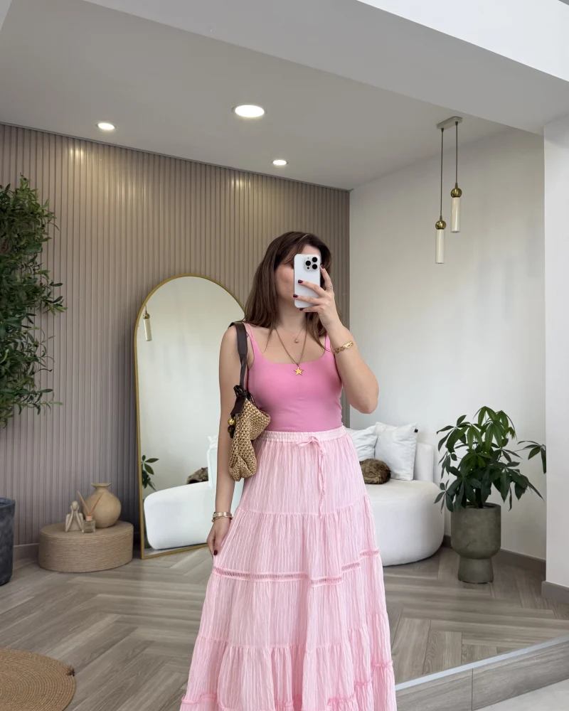 Ajur Şerit Detay Bürümcük Etek - Pembe - Kod: 5056