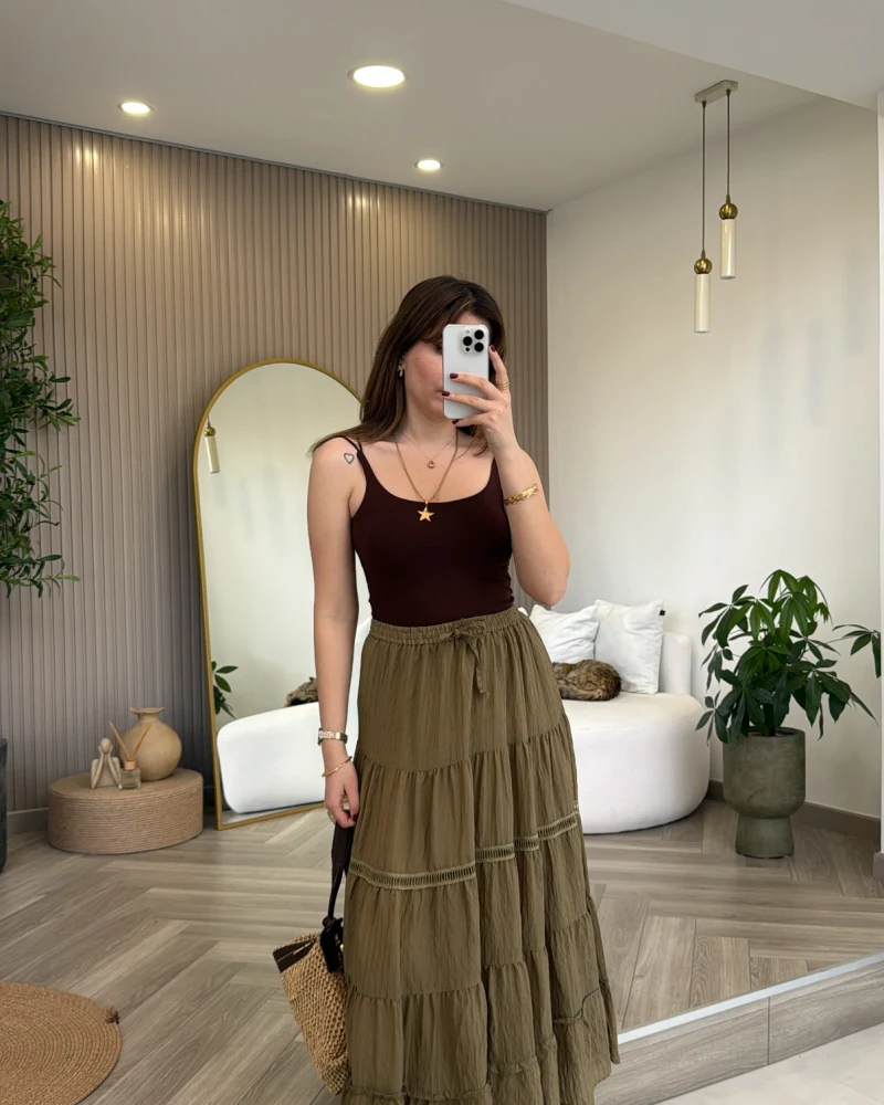 Ajur Şerit Detay Bürümcük Etek - Haki - Kod: 5056