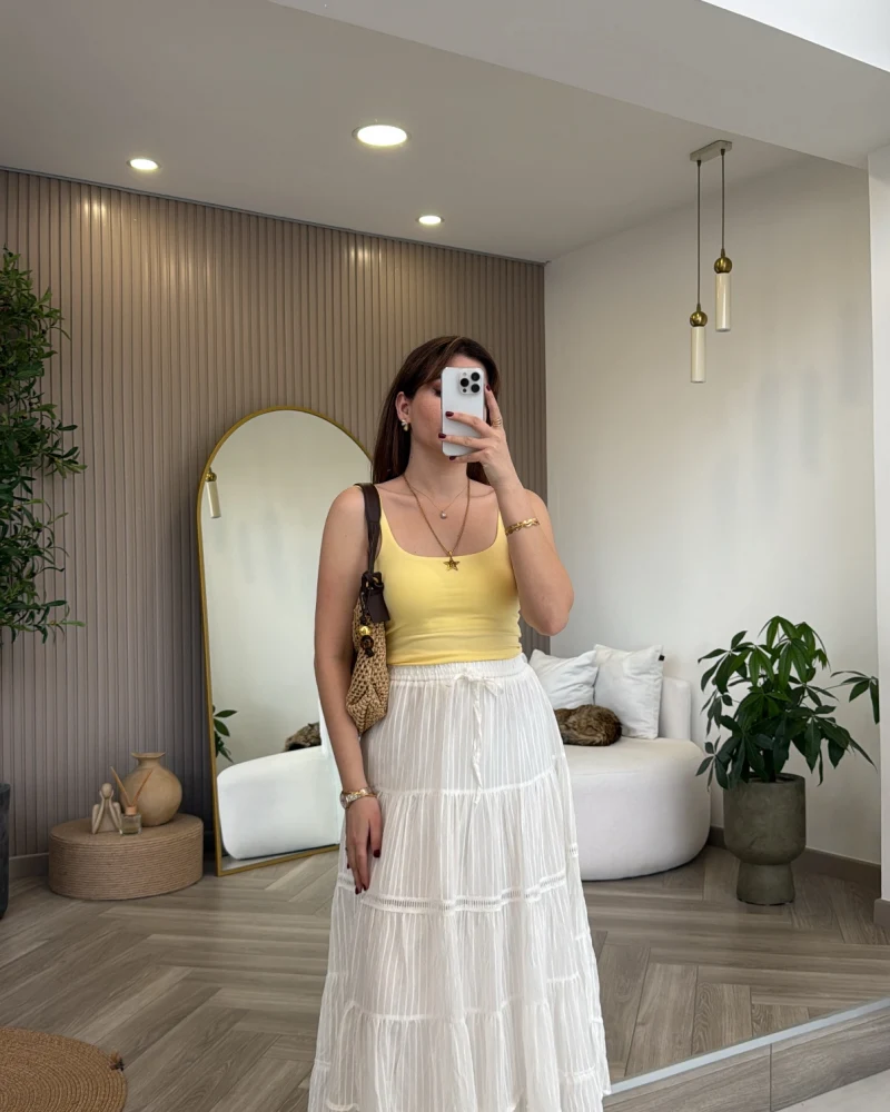 Ajur Şerit Detay Bürümcük Etek - Ekru - Kod: 5056