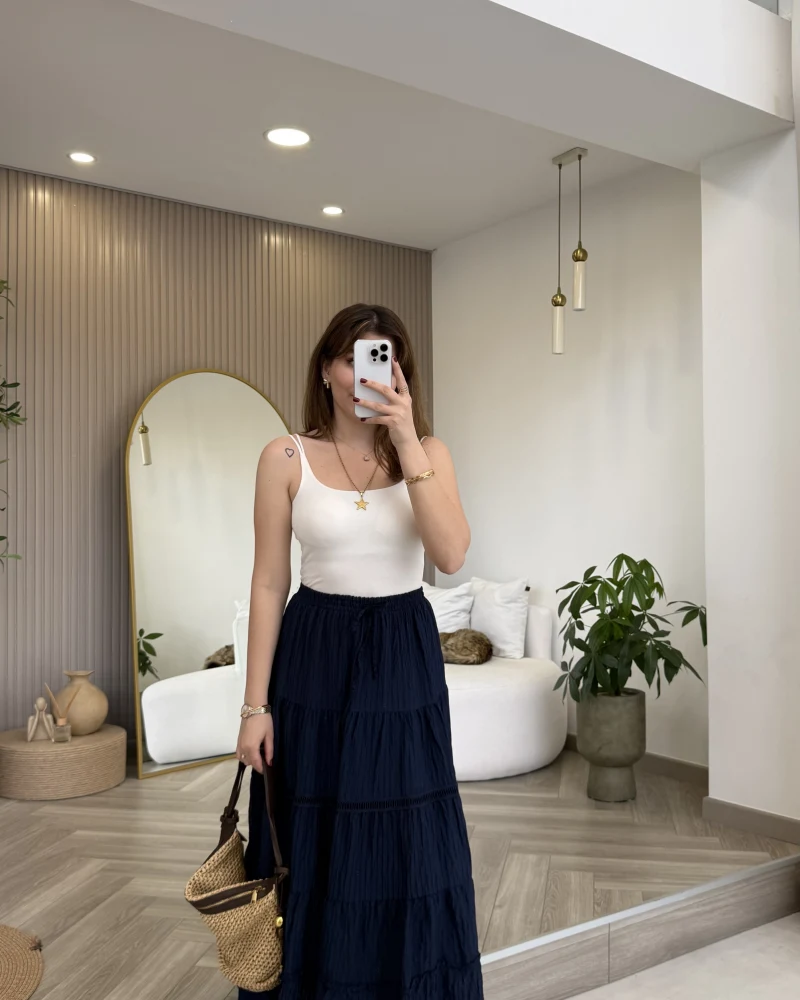 Ajur Şerit Detay Bürümcük Etek - Lacivert - Kod: 5056