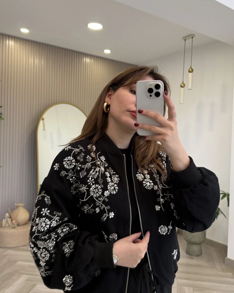 Premium Taş Pul Detaylı Pamuklu Ceket - Siyah - Kod: 99927