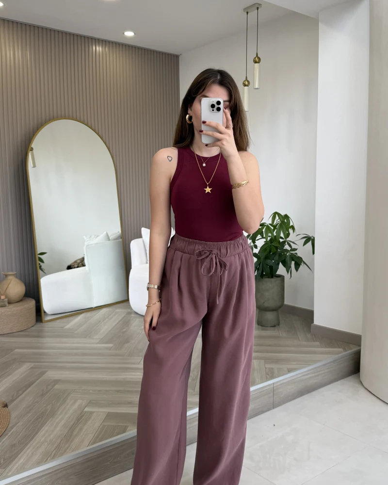 Menessa Bol Paça Beli Lastikli Pantolon - Gül Kurusu - Kod: 3720