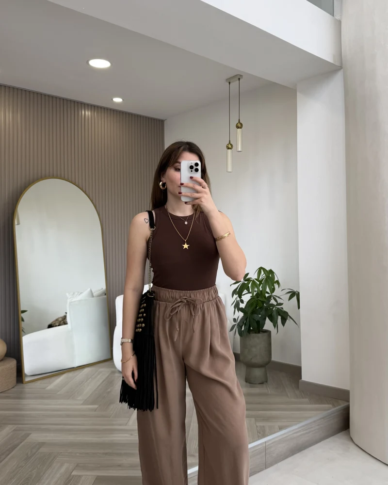 Menessa Bol Paça Beli Lastikli Pantolon - Vizon - Kod: 3720