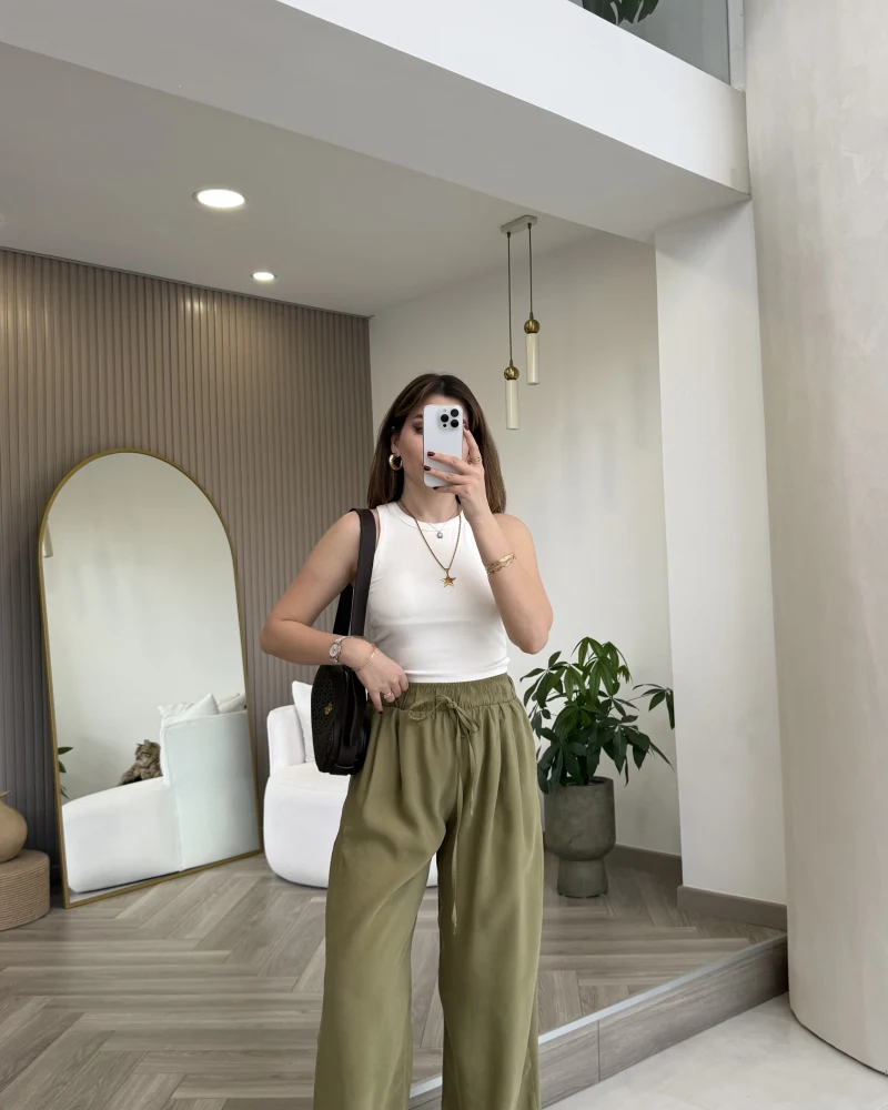 Menessa Bol Paça Beli Lastikli Pantolon - Çağla - Kod: 3720