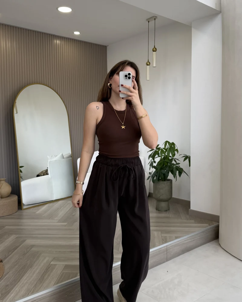 Menessa Bol Paça Beli Lastikli Pantolon - Acı Kahve - Kod: 3720