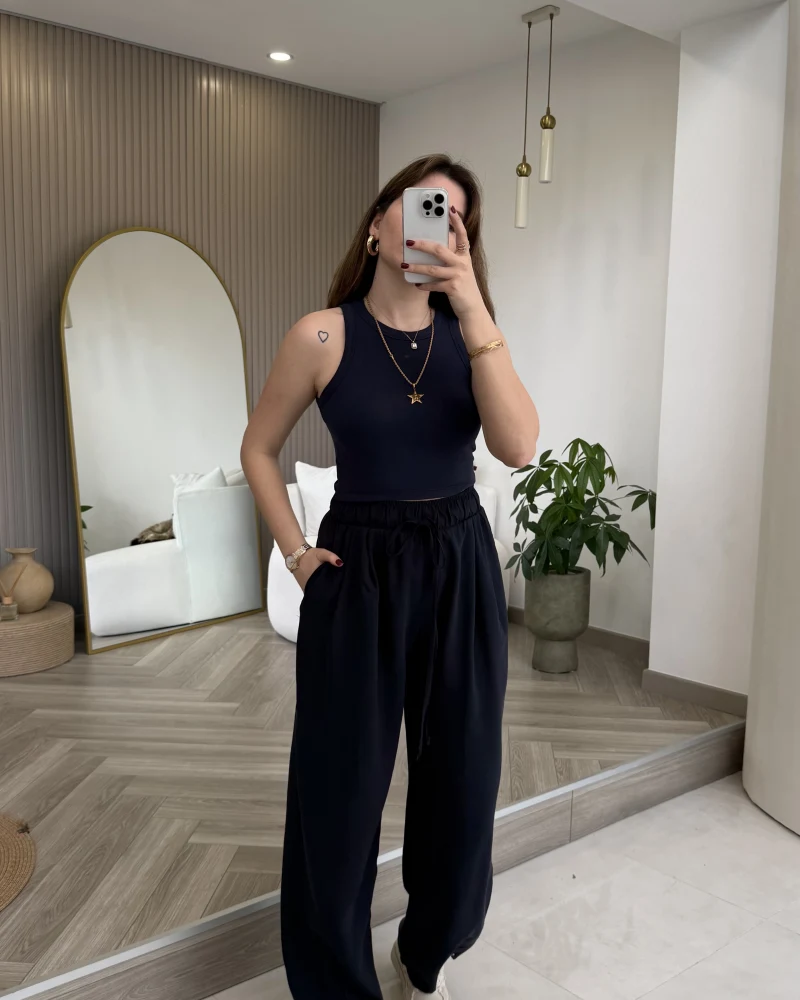 Menessa Bol Paça Beli Lastikli Pantolon - Lacivert - Kod: 3720