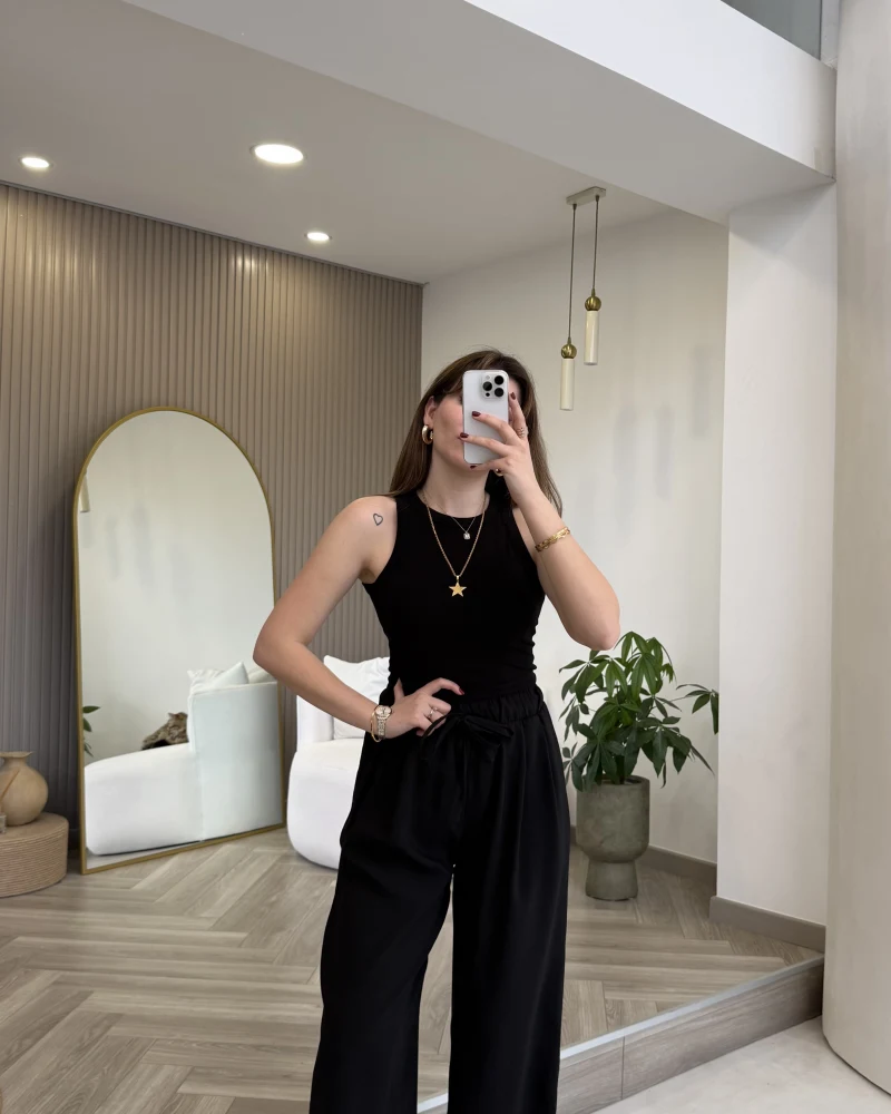 Menessa Bol Paça Beli Lastikli Pantolon - Siyah - Kod: 3720