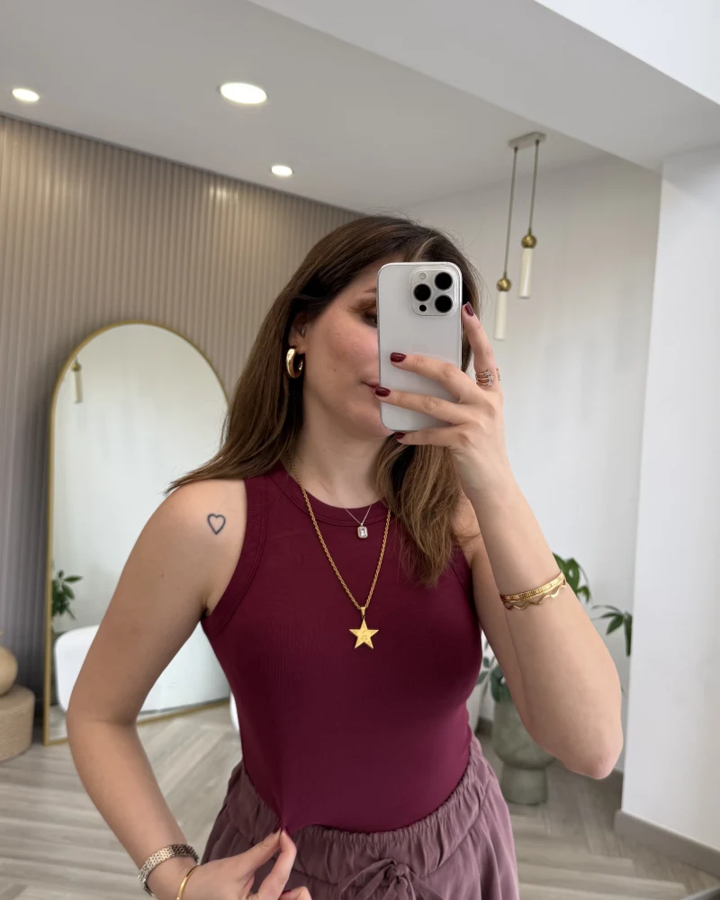 Halter Yaka Göğüs Pedli Crop Body - Bordo - Kod: 5044