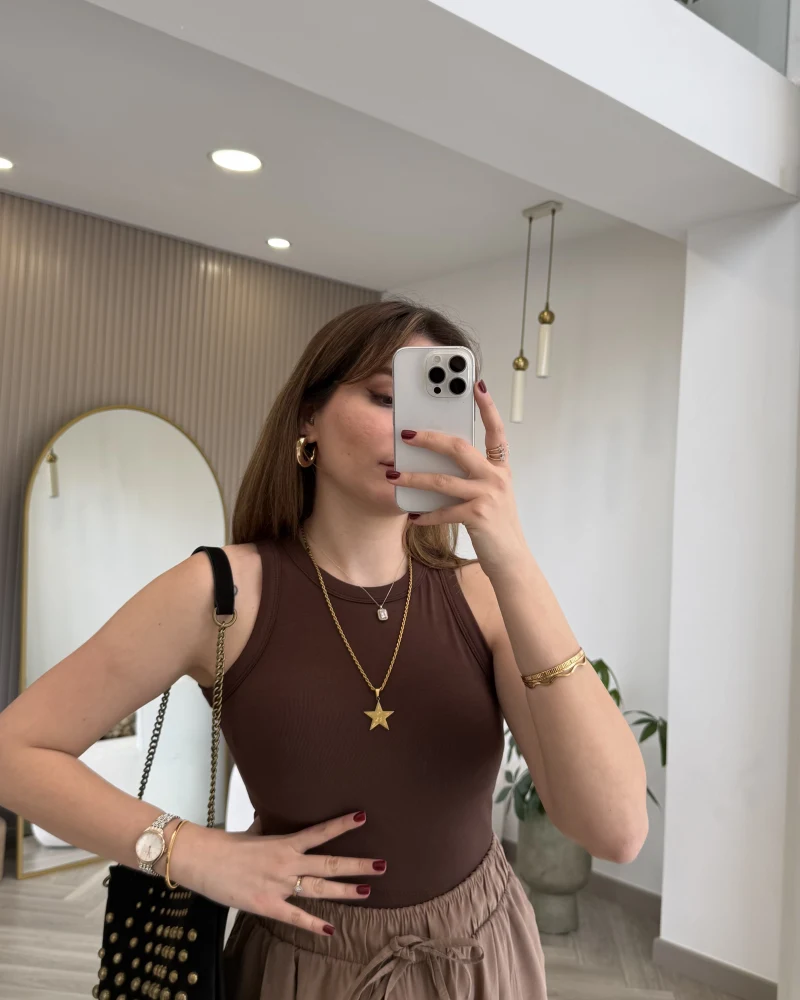 Halter Yaka Göğüs Pedli Crop Body - Acı Kahve - Kod: 5044