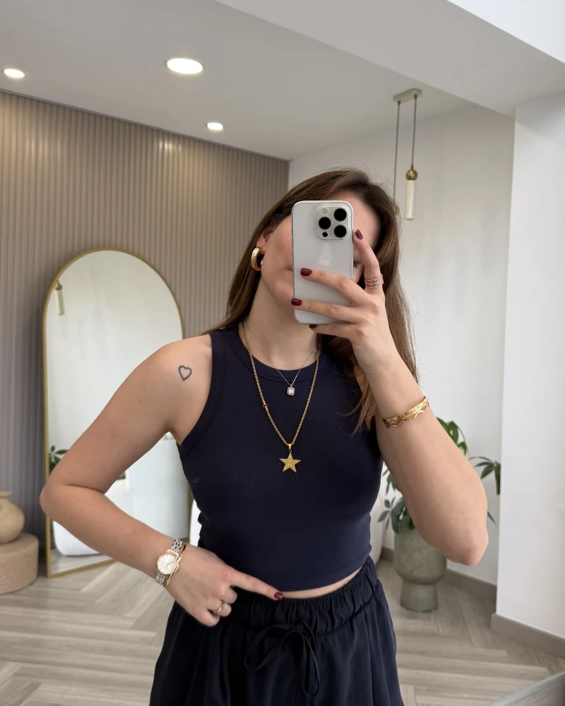 Halter Yaka Göğüs Pedli Crop Body - Lacivert - Kod: 5044