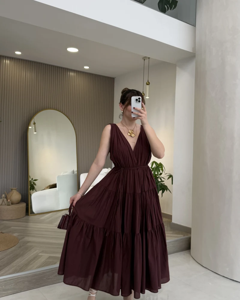 Kaylee V Yaka Bağcıklı Pamuklu Elbise - Bordo - Kod: 052