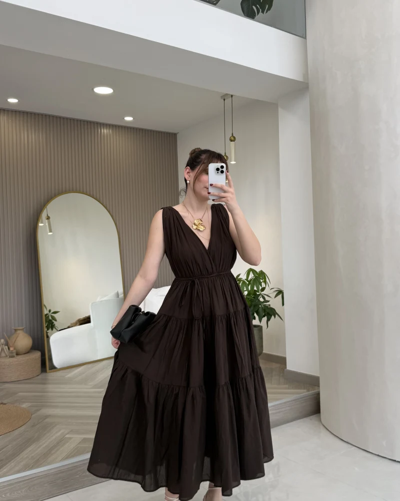 Kaylee V Yaka Bağcıklı Pamuklu Elbise - Kahve - Kod: 052