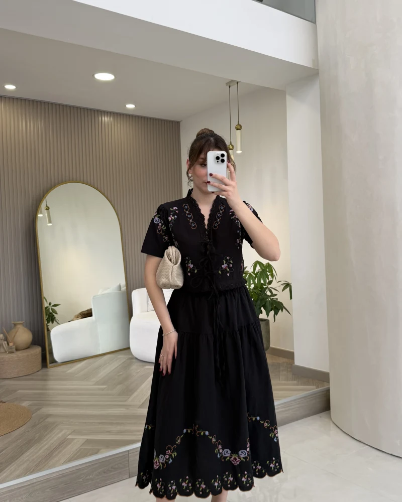 Renkli Nakış Yıkamalı Keten Kumaş Bluz Etek Takım - Siyah