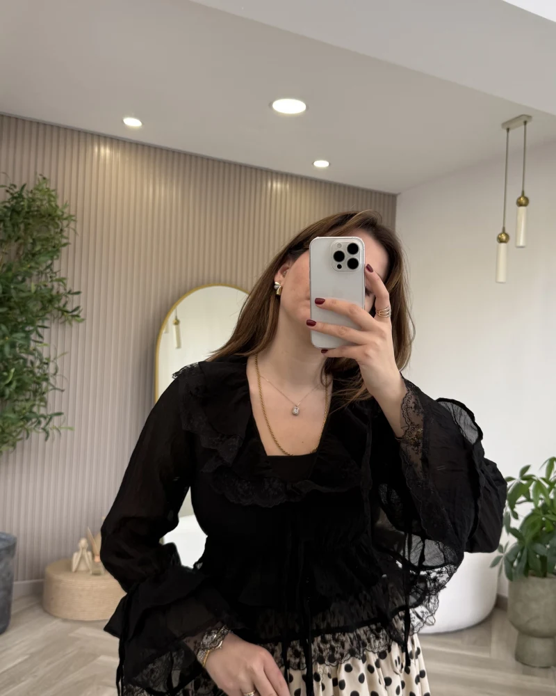 Sebastian Dantel Detay Fırfırlı Bluz - Siyah - Kod: 1075