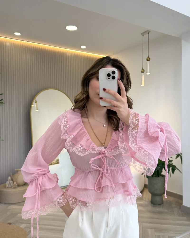 Sebastian Dantel Detay Fırfırlı Bluz - Pembe - Kod: 1075