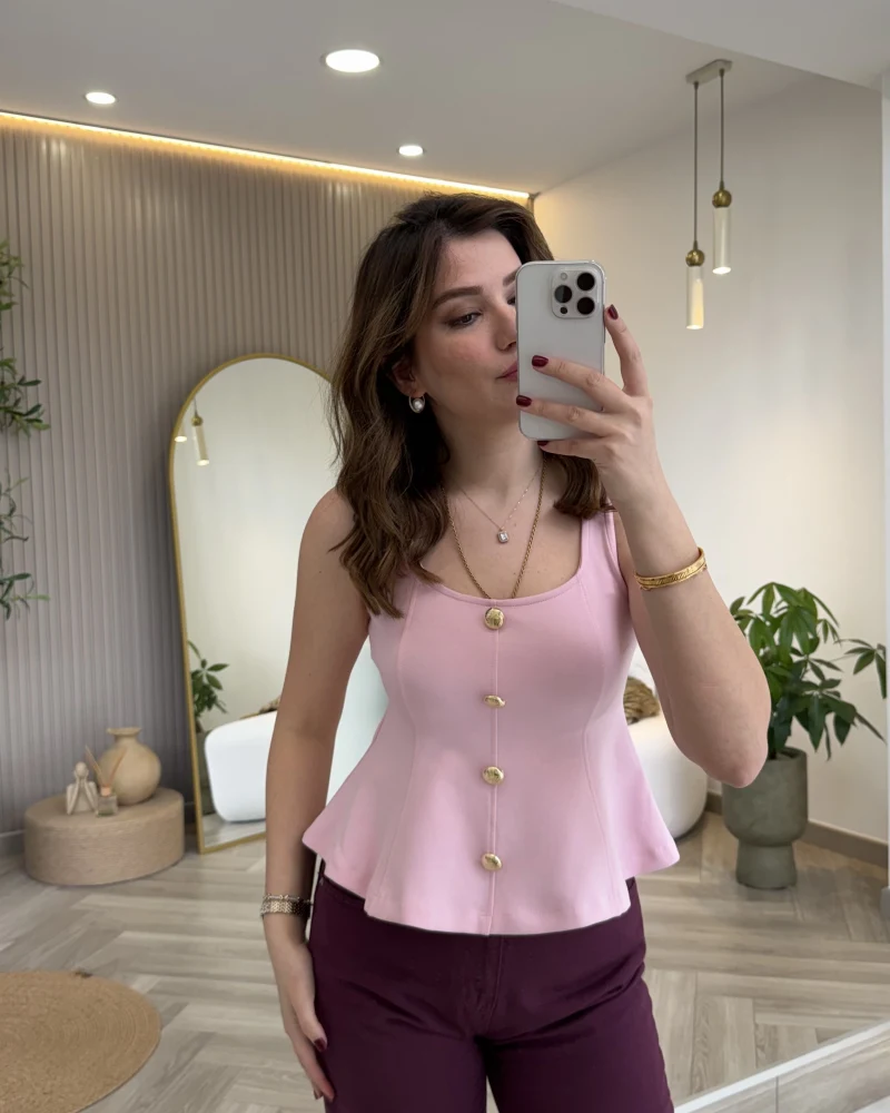 Düğmeli Bel Detaylı Sıfır Kol Bluz - Toz Pembe - Kod: 31979