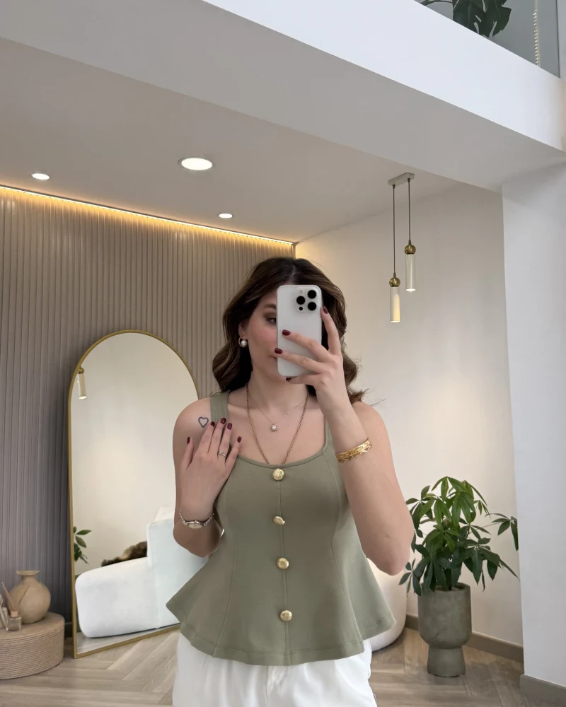 Düğmeli Bel Detaylı Sıfır Kol Bluz - Çağla - Kod: 31979