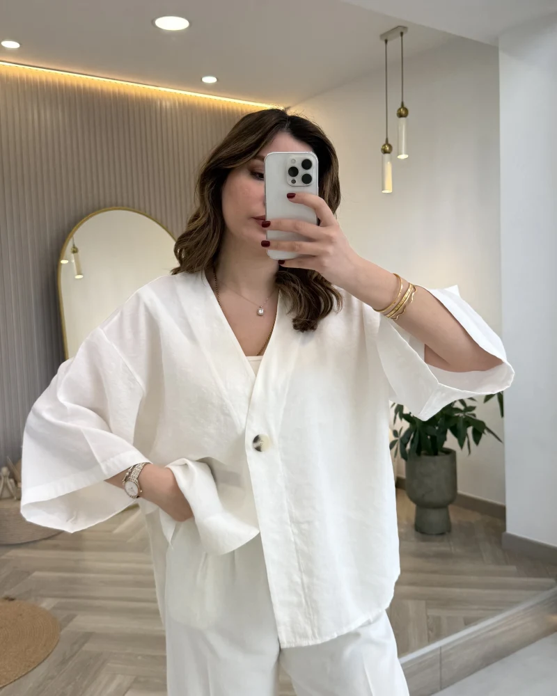 Önü Düğmeli Modal Gömlek - Beyaz - Kod: 4961