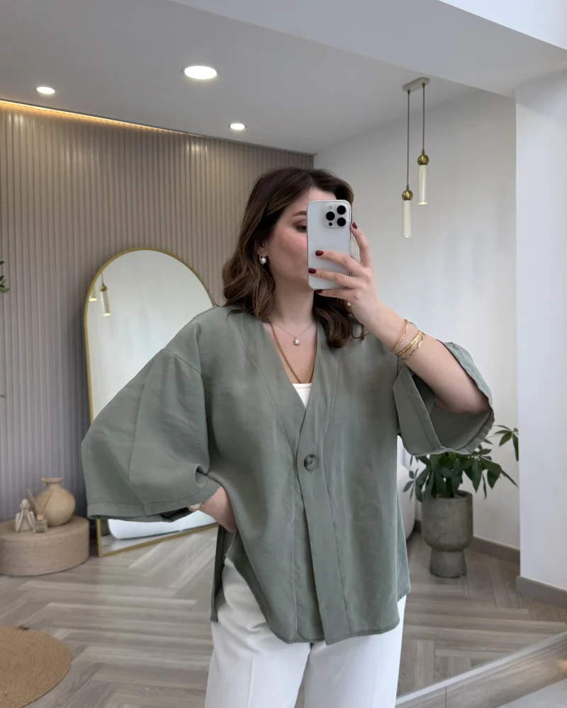 Önü Düğmeli Modal Gömlek - Çağla Yeşili - Kod: 4961