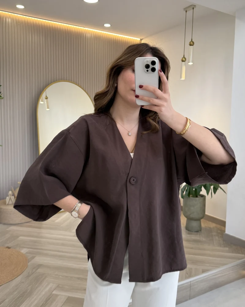 Önü Düğmeli Modal Gömlek - Koyu Kahve - Kod: 4961