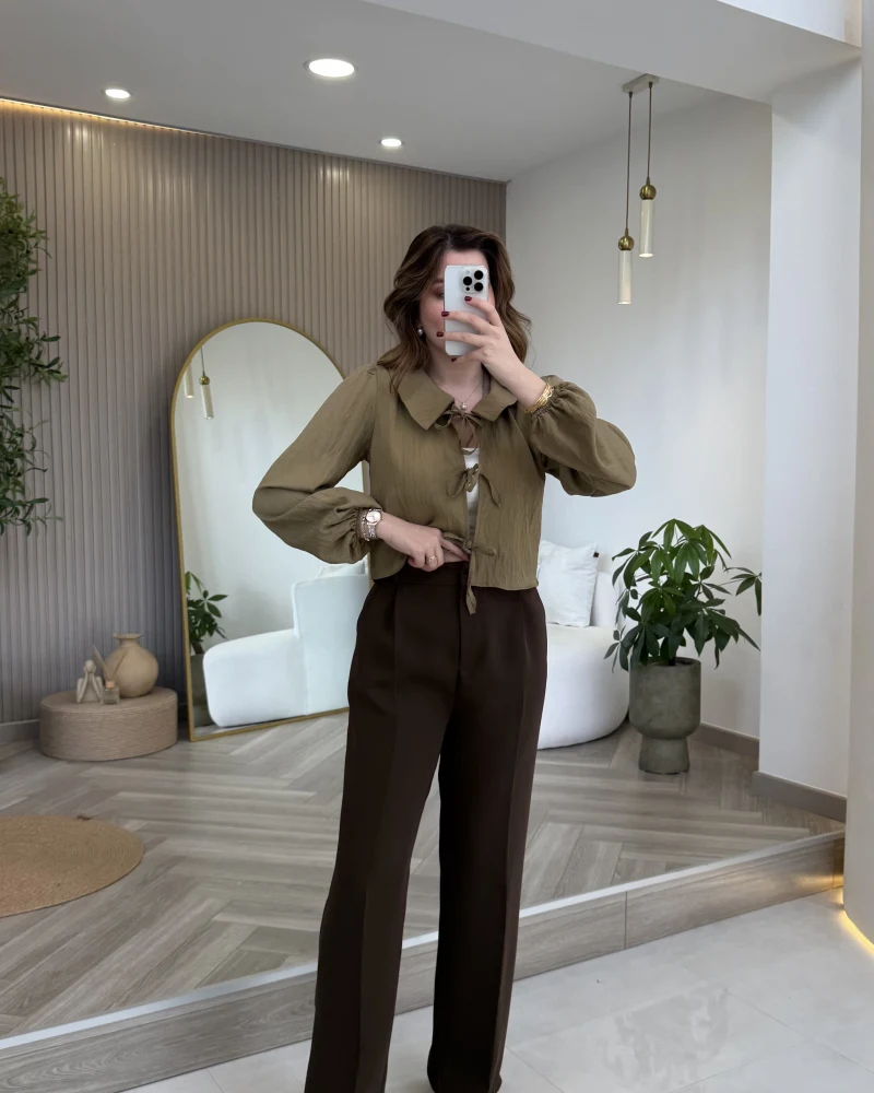 Kumaş Palazzo Pantolon - Kahve - Kod: 3879