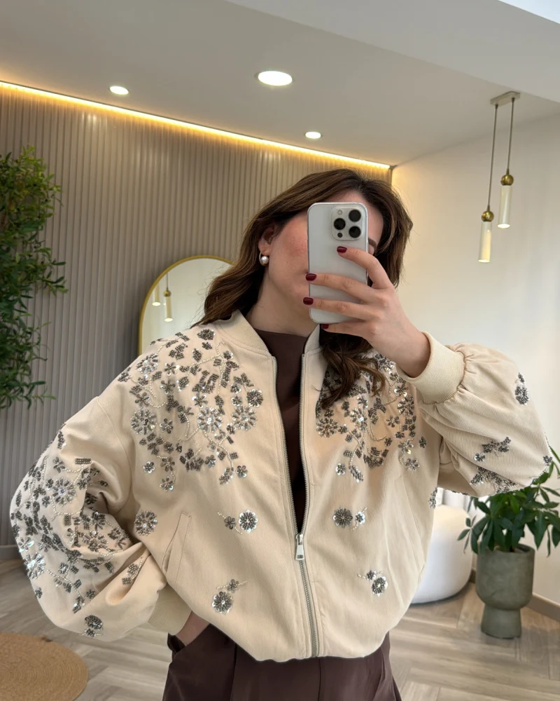 Premium Taş Pul Detaylı Pamuklu Ceket - Taş - Kod: 99927