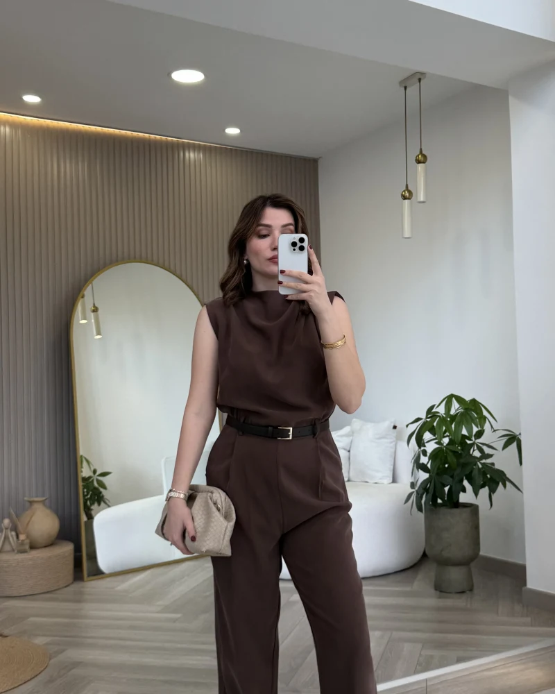 Kemerli Sıfır Kol Tulum - Kahverengi - Kod: 580907