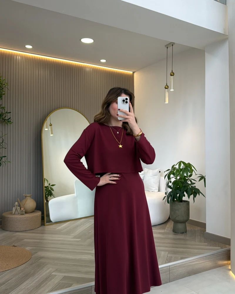 Ön Sipariş - 21 Nisan Kargolama Bluzlu İkili Takım Elbise - Bordo - Kod: 4064