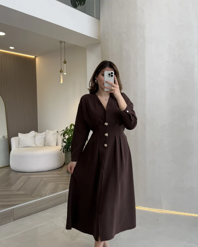 Önü Aksesuaar Detaylı Modal Elbise - Kahverengi - Kod: 3078