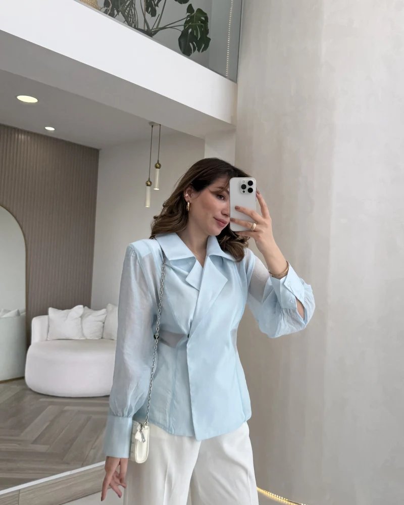 Maisie Vatkalı Transparan Bağlamalı Gömlek - Açık Mavi - Kod: 5029