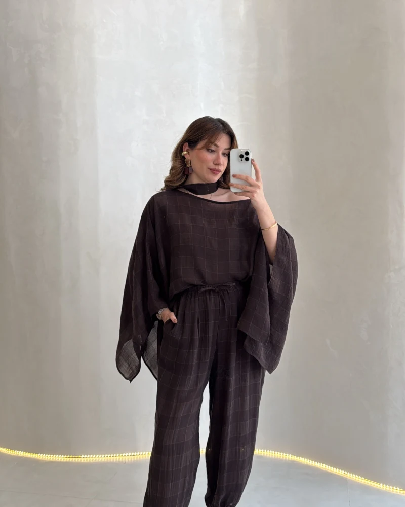 Pançolu Ekose Desenli Fular Detay Takım - Kahve - Kod: 51344