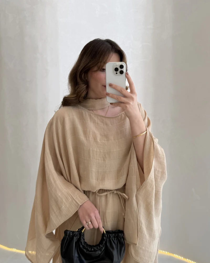 Pançolu Ekose Desenli Fular Detay Takım - Taş - Kod: 51344