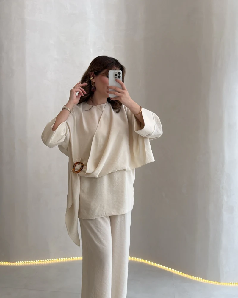 Paul Modal Kumaş Tokalı Bluz Pantolon Takım - Taş - Kod: 51346