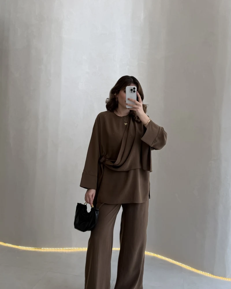 Paul Modal Kumaş Tokalı Bluz Pantolon Takım - Kahve - Kod: 51346