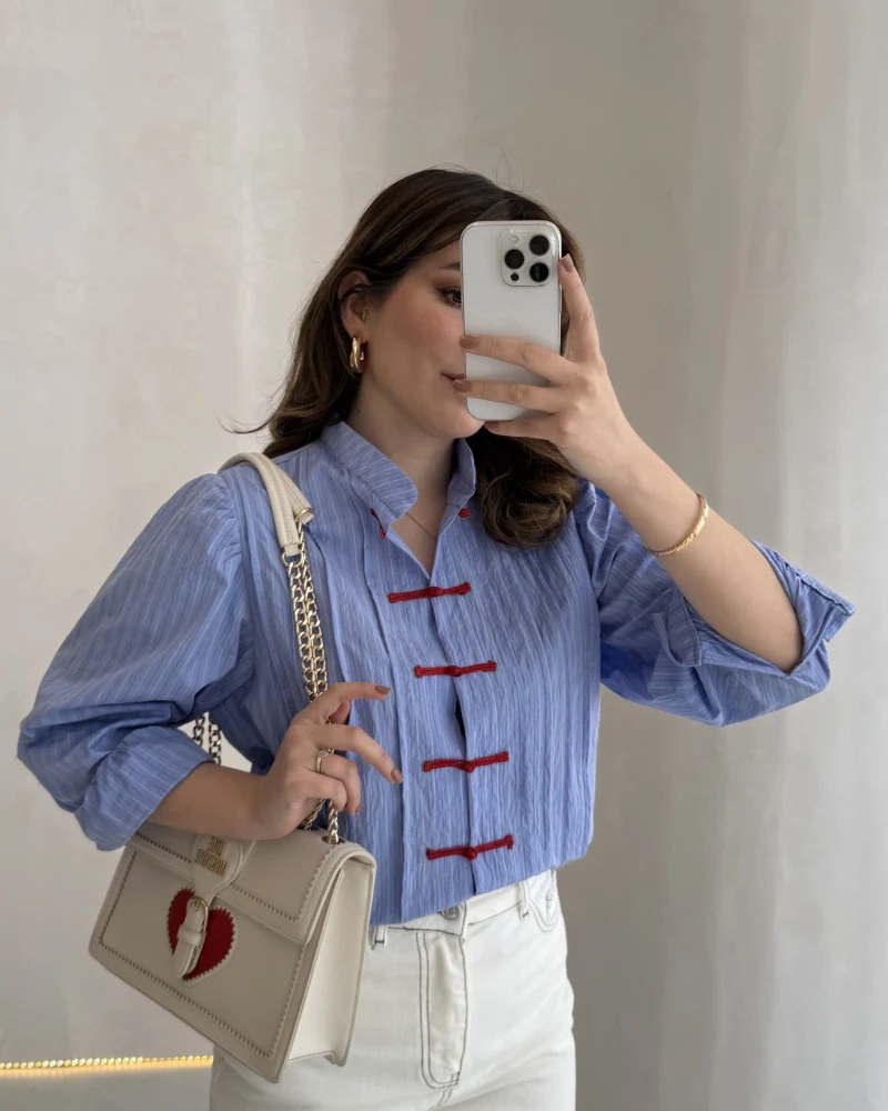 Bridgerton Serisi Çizgili Gömlek - Mavi - Kod: 0949